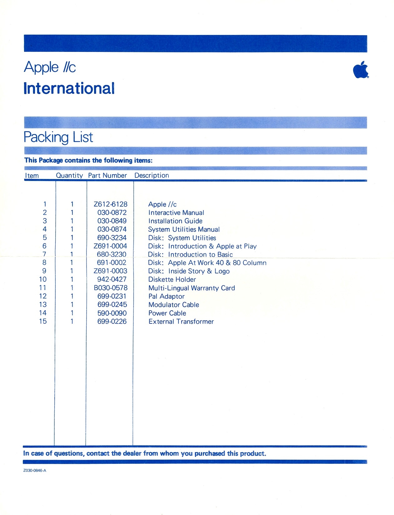 Apple IIc Packing List - International (Australia)